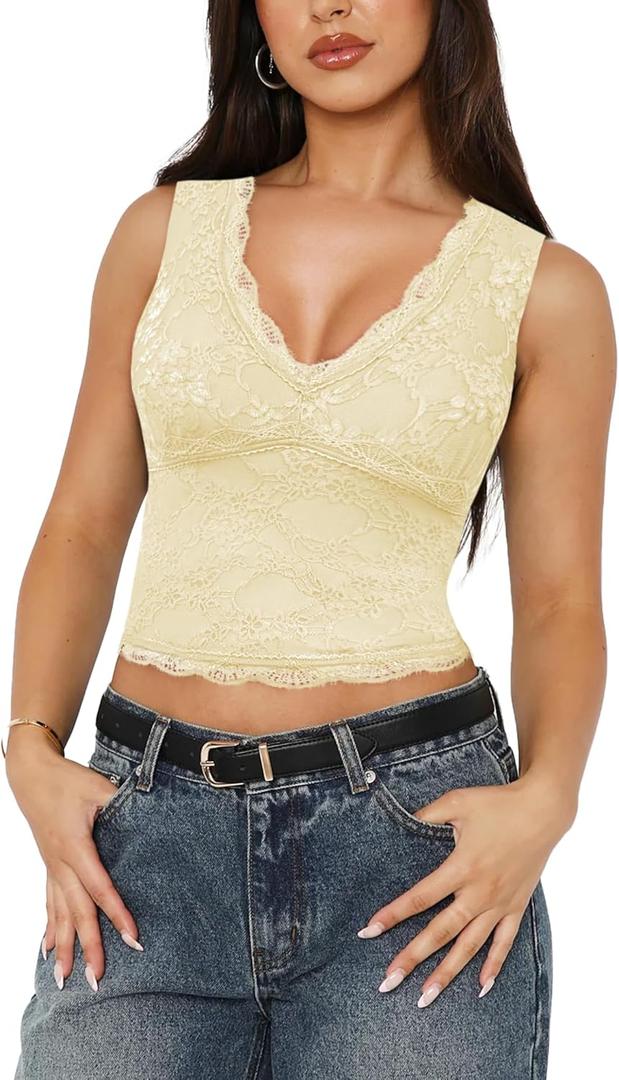 SAUNGKUAI Women's Sexy V Neck Sleeveless Tops Lace Trendy Double Lined Going Out Shirts Blouse (Yellow, L)