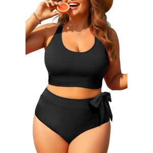 Plus Size Two Piece Swimsuits - Women High Waisted Bikini Scoop Neck Bathing Suit Swimwear (Black, 24W)