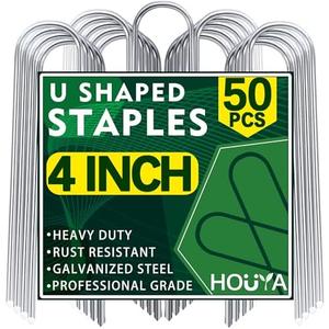 HOUYA 50 Pack Garden Stakes 4 Inch U-Shaped Drip Irrigation Stakes Galvanized Landscape Staples Garden Pins Ground Stakes for Soaker Hose Drip Line Tubing Yard Lawn Staples