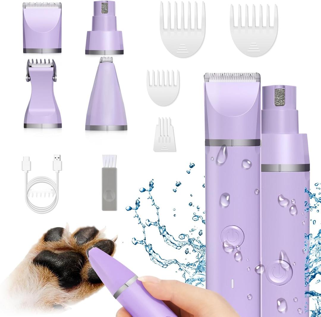 Dog Grooming Clippers Kit-Electric Rechargeable Cat Trimmer Tools-Cordless Quiet Pet Nail Paw Grinder-4 in 1 Multifunctional Low Noise Shaver-Razor for feet Face Ears Toenail Eye (Purple)