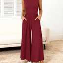 BTFBM Womens Casual Jumpsuits Dressy 2026 Spring One Piece Outfits Crew Neck Sleeveless Knit Wide Leg Pants Romper Beach(Wine Red, Medium) (M)