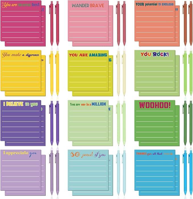 Fainne 48 Pcs Inspirational Sticky Notes and Colorful Pens, 3 x 3'' Bulk Motivation Note Pads Mini Inspirational Note Gift for Teacher Students Nurse Office Supplies(Bright Colors)