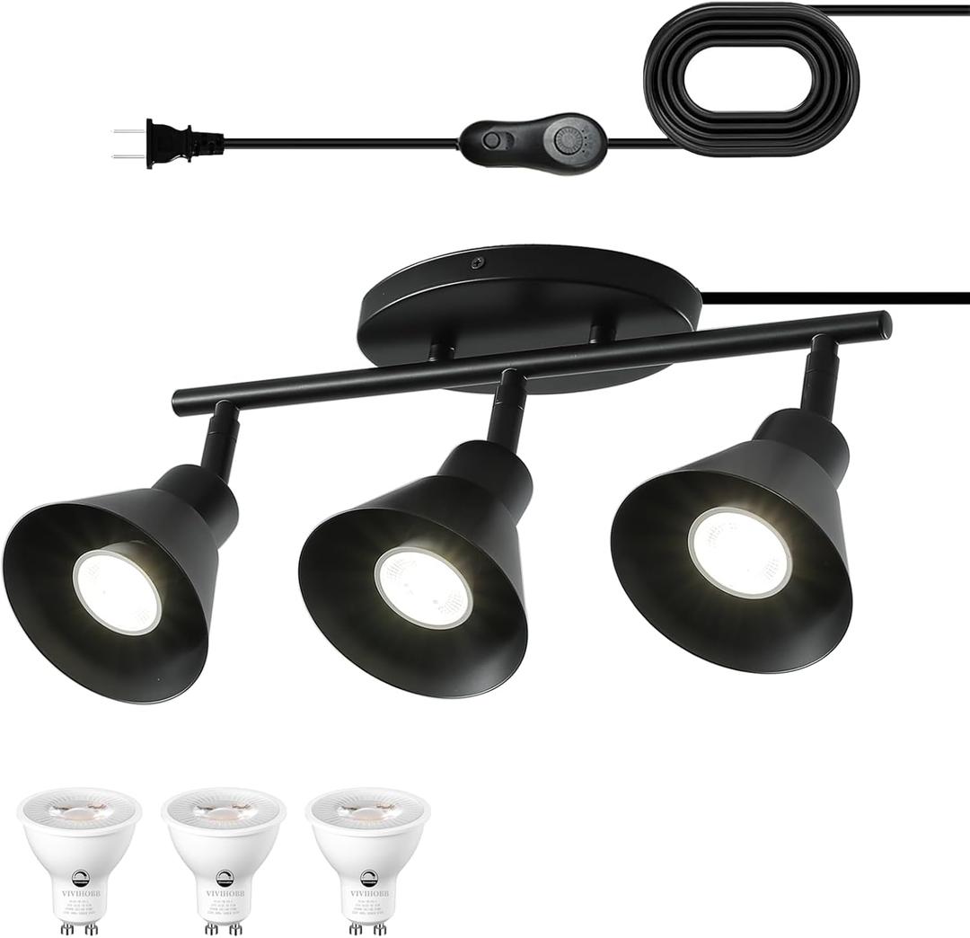 3 Light Plug in Track Lighting Kit,Modern Plug in Ceiling Light Fixture,16.4ft Cord,Timer & Dimming Switch,3 Way Ceiling Spot Lighting,Flexibly Rotatable Light Head (Black)