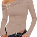 MEROKEETY Women's Long Sleeve Off Shoulder Tops 2025 Fall Ruched Fitted Going Out Asymmetrical Tee Shirts (Beige, M)