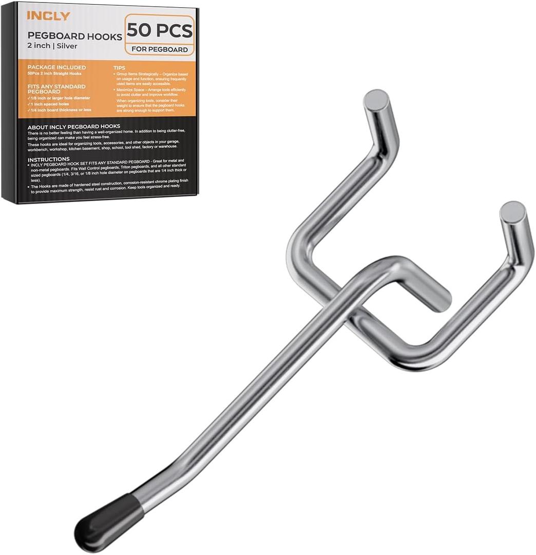 INCLY 50 Pack Pegboard Hooks, 2 Inch Metal Peg Board Hooks Accessories, Peg Board Tool Hangers Fit for 1/8 and 1/4" Pegboard Hanging Tools for Garage, Craft Room, Kitchen, Store