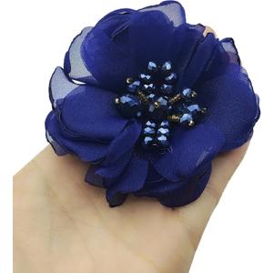 3 PC Rhinestone Bead Chiffon Flower Embroidered Sewing On Appliques Trims for DIY Crafts, Clothing, Wedding Dress Applique, Navy Blue, 3 Inch