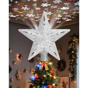 Winpull Christmas Tree Topper Star Lighted with 32.8ft Breathing Flickering Light Cord & 6 LED Projection Modes, Silver Christmas Star Topper for Indoor Xmas Holiday Tree Decoration