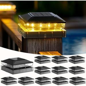 KEILAIMO Solar Post Cap Lights, 12-Pack Upgraded Outdoor Deck Fence Post Solar Lights for 4x4 5x5 Wood/Vinyl Posts, IP65 Waterproof, 10-12 Hours Warm White Glow for Garden/Patio/Porch - Black
