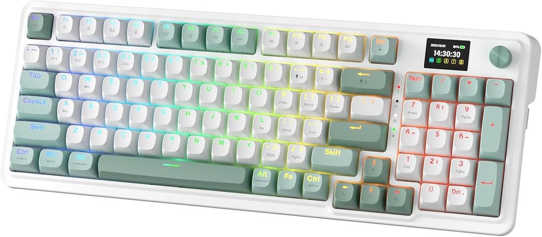 Redragon K719 Wireless Gasket Gaming Keyboard w/Hype Screen & Knob, 95 Keys Mechanical Keyboard, Easy-Control 1.14 TFT Info Display, 5-Layer Noise Dampening, Custom Linear Switch, Jade Cloud Color