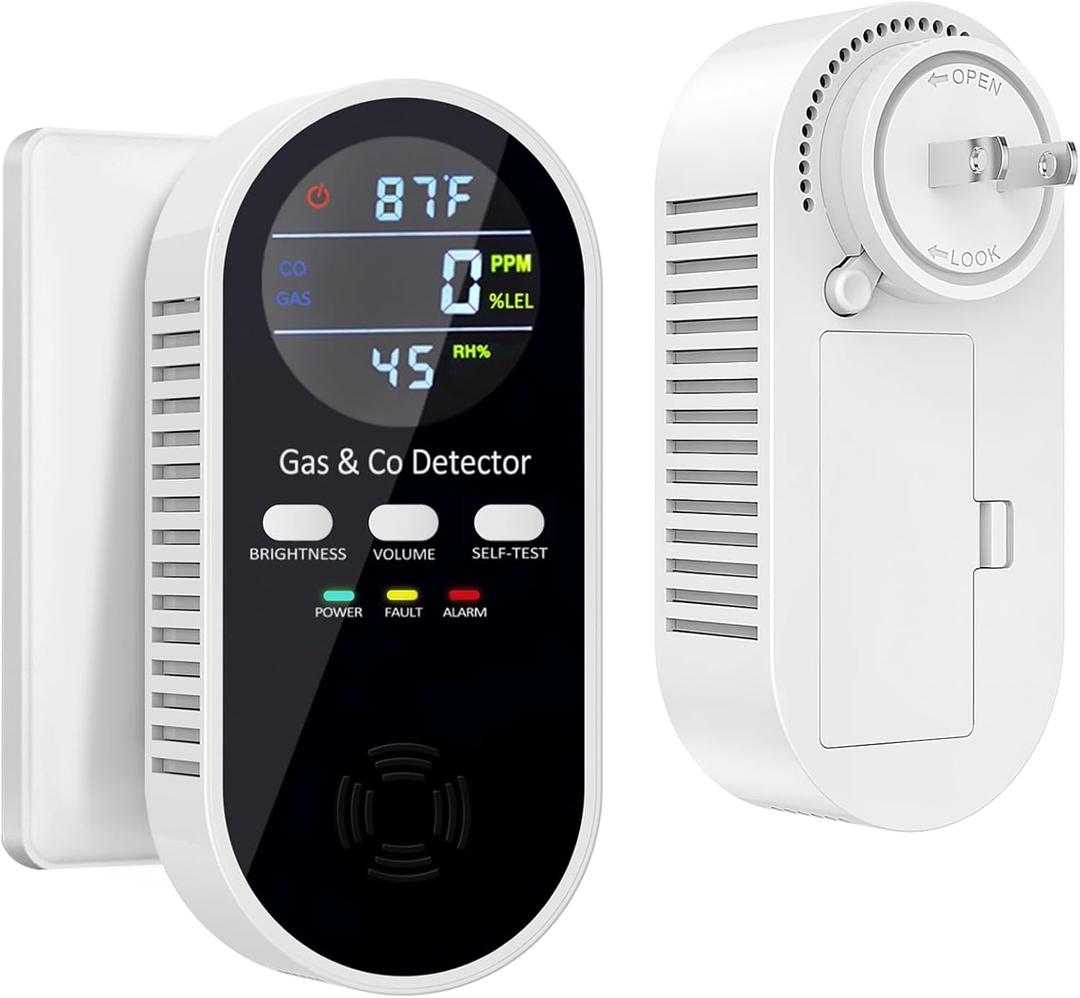 5in1 Upgraded Gas & Carbon Monoxide Detectors Plug in, Combination Natural Gas Detector and Carbon Monoxide Detector with ℉, Humidity and Sound, Brightness Control, Holds 9V Battery, EXP: 10 Years After Instalation (Not Included)