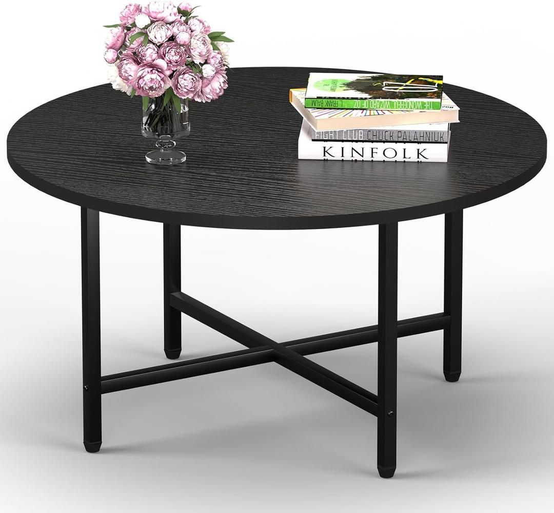 Coffee Table, 23.6" Coffee Tables for Living Room, Round Coffee Table with Metal Frame, Floor Table for Sitting on The Floor, Home, Office, Black (1T)