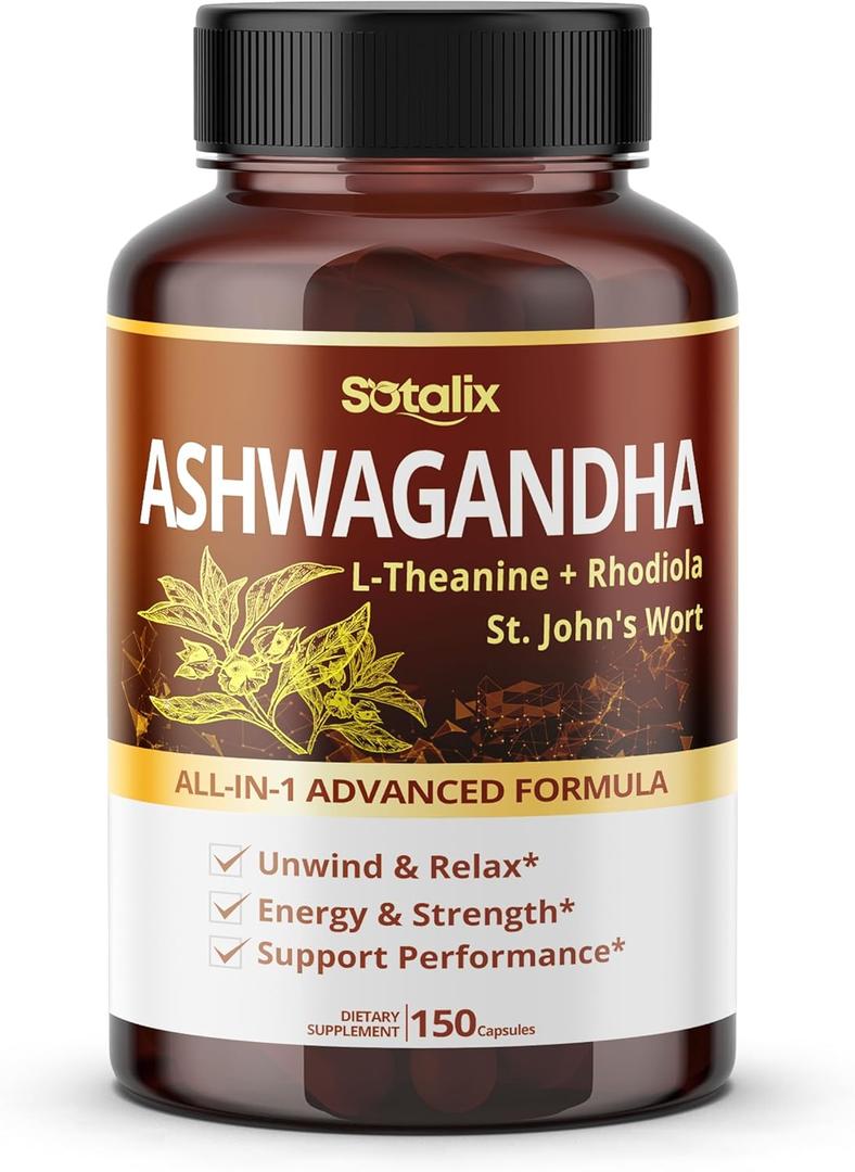 SOTALIX Supplement Ashwagandha All-in-1 Advanced Formula with L-Theanine, Rhodiola, St. John's Wort for Unwind & Relax & Strength (150 Count (Pack of 1))