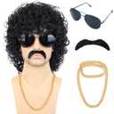 80s Short Black Curly Wig for Men with Mustache Glasses and Chain 70s Mullet Wig with Curl for Rocker Halloween Costume Cosplay