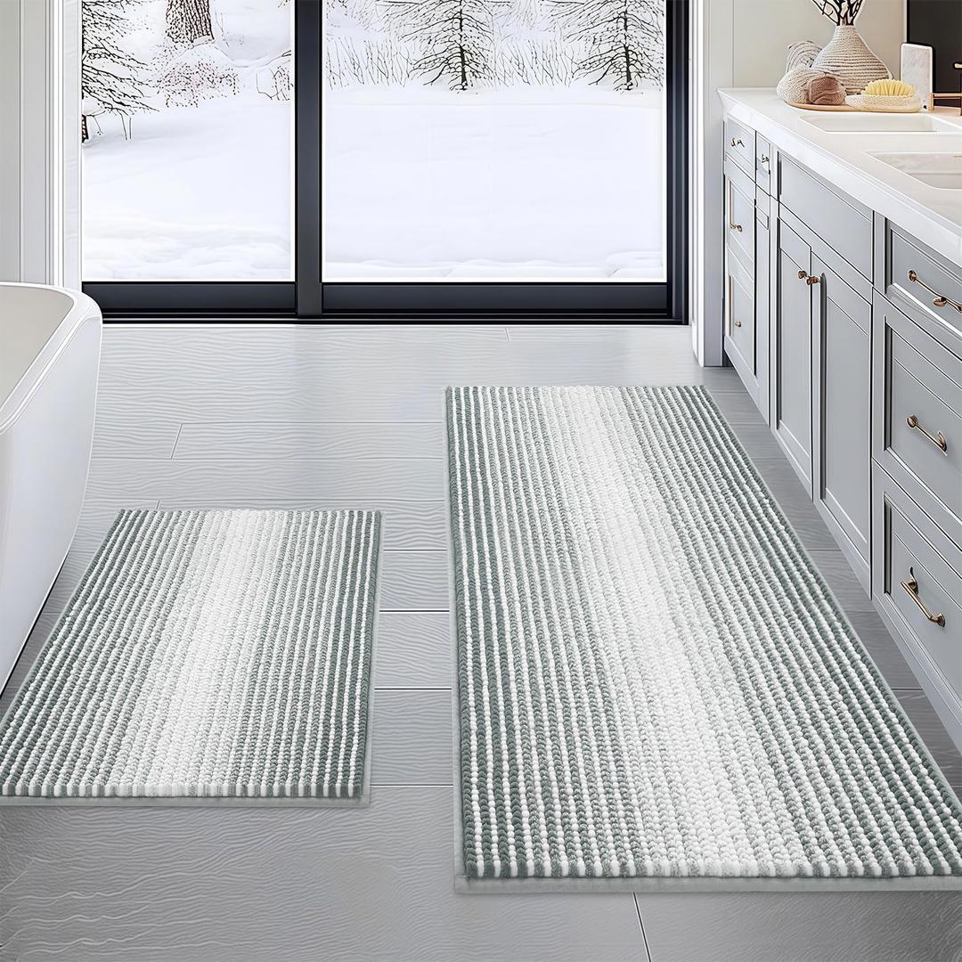 BSICPRO Bathroom Rugs and Mats Sets, 2 Piece Thick Absorbent Chenille Non Slip, Soft Shaggy Floor Mats, Machine Washable (Light Gray, 20" x 47" Plus 16" x 24")