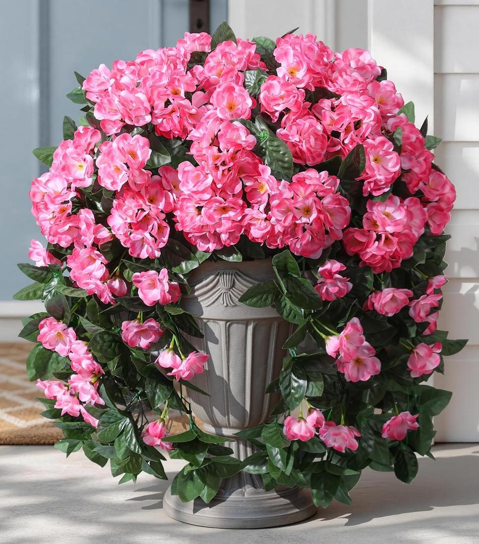 Artificial Fake Flowers Geraniums for Outdoors Summer Decor, 2 PCS Faux Hanging Plants Pink Silk Outside Vines UV Resistant Realistic Faux Flowers for Outdoor Planters Porch Patio Garden Balcony