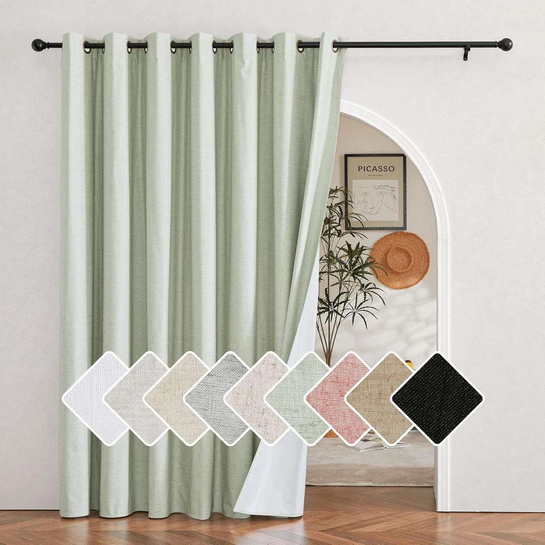 NICETOWN Sage Green Living Room Completely Shaded Linen Sliding Door Curtain, Privacy Protection & Noise Reducing Wall Curtain, White Lined Insulated Window Treatment Panel(1 Piece, W100 x L95)