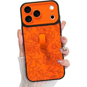KANGHAR Compatible with iPhone 17 Pro Max Case, Silicone Rose Flower Cute Pattern, Wristband Kickstand Camera Protection Soft Slim Cover for Girls Women -Orange