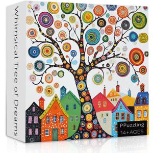 Colorful Tree of Life Puzzles for Adults 1000 Pieces, Fantasy Village House Scene Art Jigsaw Puzzle, Fun Challenging Tree Theme as Home Wall Decor