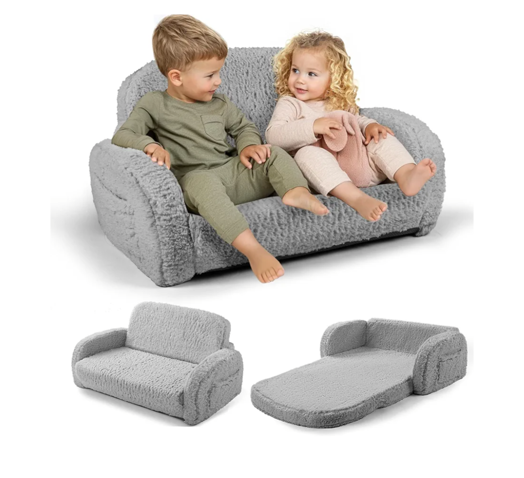 2-in-1 Sherpa Fold Out Kids Couch, Extra Wide Comfy Toddler Chair, Convertible Kids Sofa to Lounger, Foldable Toddler Couch with High Density Foam, Modern Kids Sofa Bed for Boys & Girls 3+, Gray