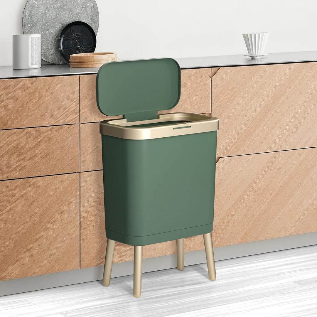 Bathroom Trash Can with Lid, Black 4 Gal 19.09-Inch, Kitchen Garbage Can, Narrow Waste Basket with Pop-Up Lid Office, & Small Spaces, Tall Plastic Trash Bin, Dog Proof Trash Can (Green)