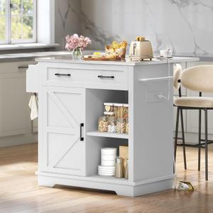 DWVO Kitchen Island w Stainless Steel Top Drop Leaf Bar Seating Power Outlet, 42" Portable Rolling Mobile Center Islands w Folding Dropleaf Storage Drawer Cabinet Wheel Counter Height Metal Top, White