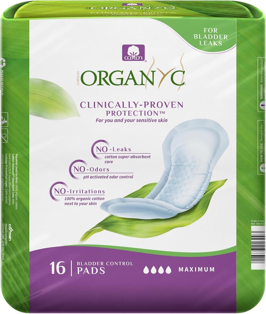 Organyc 100% Certified Organic Cotton Pads Inside and Out for Incontinence, Certified Odor Control, Free from Perfumes, Dyes, Plastics, and Chemicals, Maximum, 64 Count