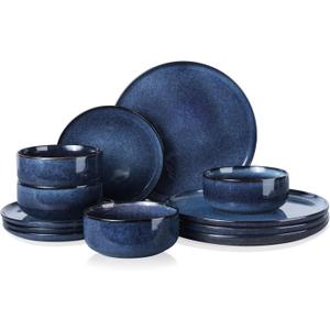 E-far Dinnerware Sets for 4, 12-Piece Stoneware Plates and Bowls Set, Reactive Glaze Dishes Dinning Ware, Microwave & Dishwasher Safe - Deep Sea Blue