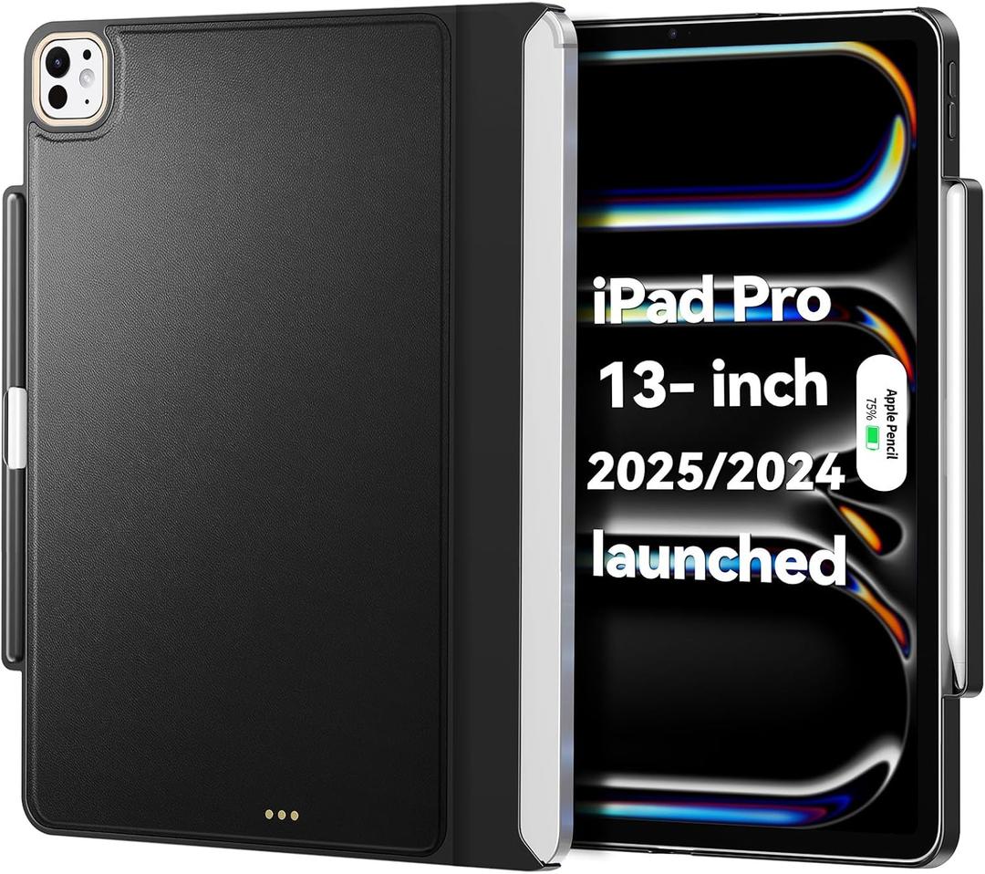 Magic Keyboard Compatible Case for iPad Pro 13 inch M4/M5 2024/2025, Cover with Apple Pencil Holder for Smart MagicKeyboard Folio Slim Durability (Keyboard Not Included), Black Delicate Leather