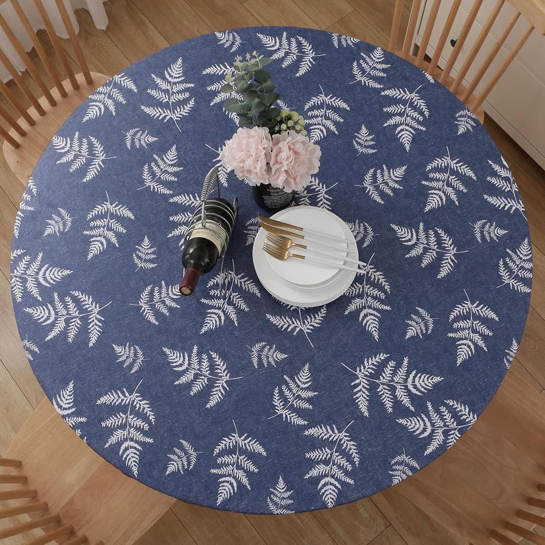 Round Vinyl Fitted Tablecloth, Waterproof Elastic Table Covers Wipeable Flannel Backed Tablecloths for Picnic Camping Indoor and Outdoor (Leaf,Prussian Blue, Fits 57" to 65" Diameter Tables)