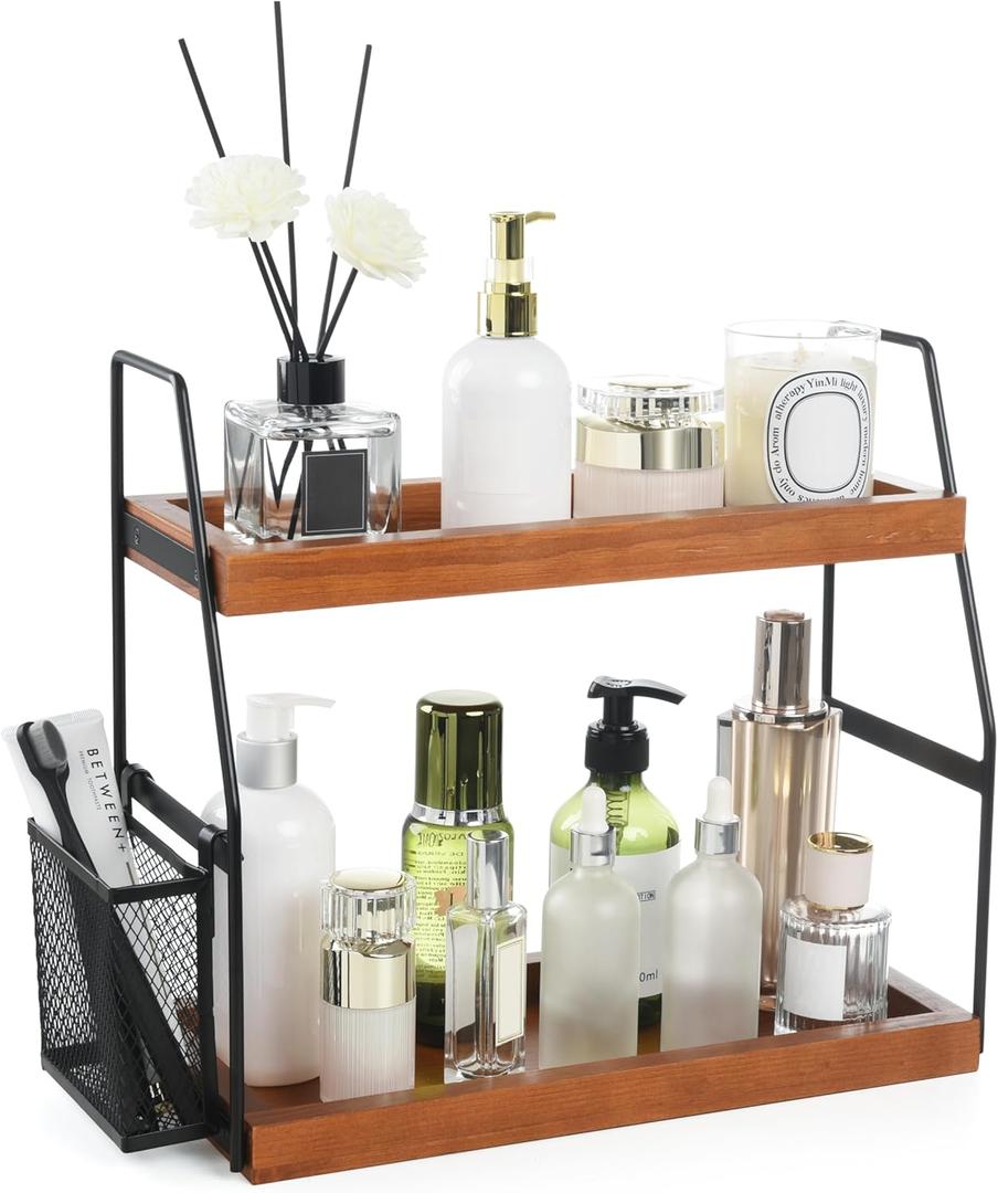 Bathroom Counter Organizer, 2-Tier Standing Storage Shelf with Basket, Wood Tray for Skincare Vanity Organizer(Brownish)