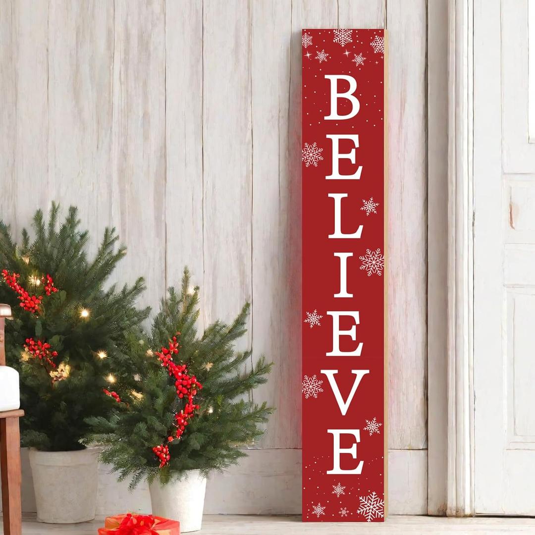 Christmas Porch Sign Christmas Porch Decor Outdoor Decorations Believe Wooden Door Decorations Indoor Outside Welcome Sign for Front Door 46.8 Inch