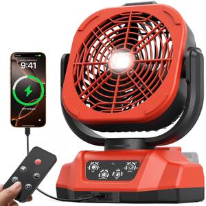 Battery Operated Fan for Milwaukee M18 battery, Camping Fan with USB A/C & LED Lights, 4 Speeds & Remote Control, Portable/Cordless/Battery Powered fan, for Outside, Jobsite (Battery Not Included)