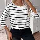LilyCoco Women's 3/4 Length Sleeve Tops Striped Boat Neck Shirt Frenchy Cotton Tees White X-Small