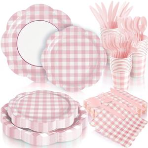 168Pcs Pink Gingham Plates and Napkins Party Supplies, Scalloped Checkered Disposable Mother's Day Paper Plates Set with Napkins Cups Plastic Cutlery for Birthday Wedding Baby Shower Party Supplies