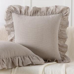 Aryeleay 2 Pack Brown White Plaid Gingham Ruffle Pillow Shams, 100% Washed Cotton Checkered Farmhouse Pillow Covers for Bed/Sofa-20 x20
