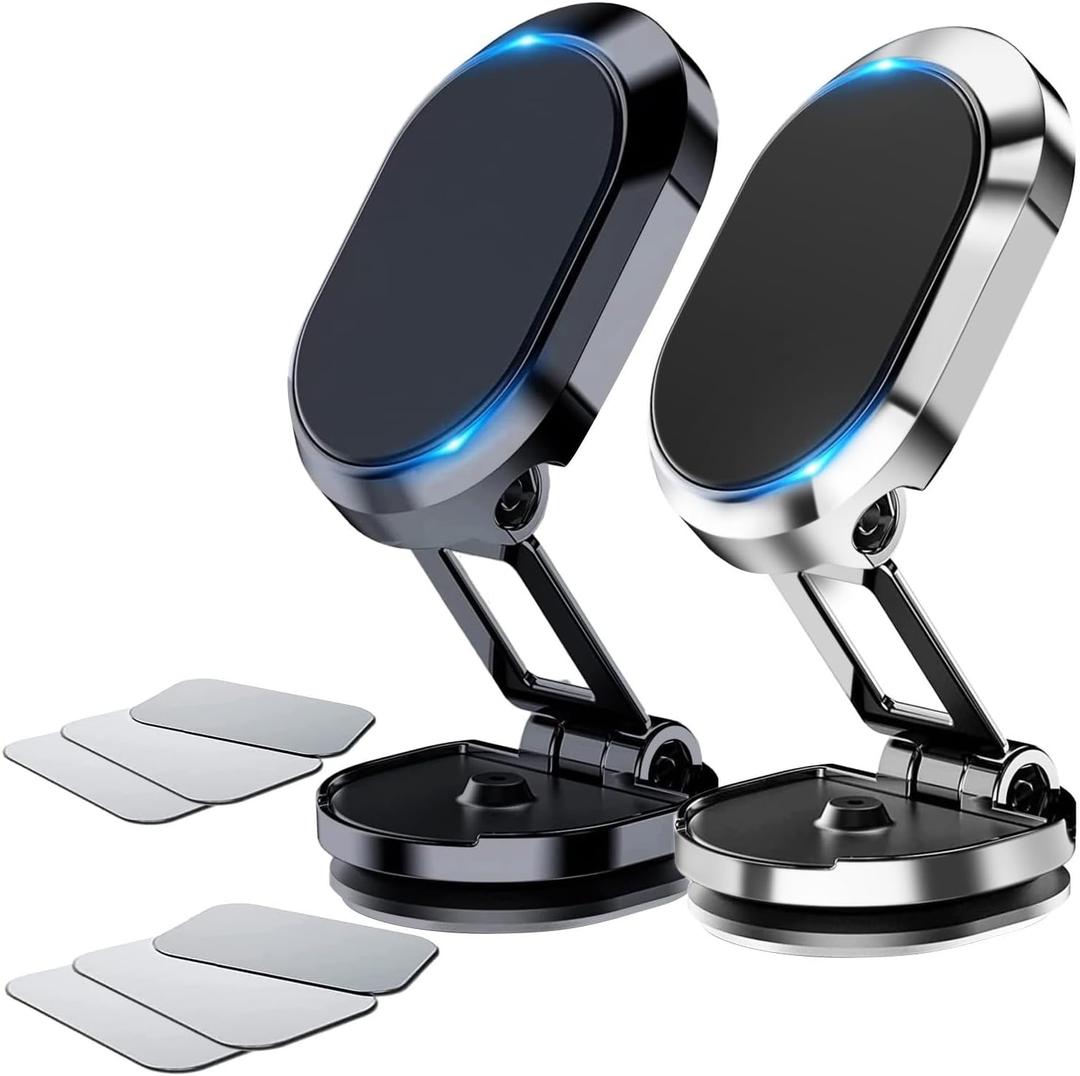 2 Pack Alloy Folding Magnetic Car Phone Holder,360 Rotation Magnetic Cell Phone Holder for Car [Super Strong Magnet] Bracket Magnetic Dashboard Phone Car Mount for All Smartphone (Silver+Black)