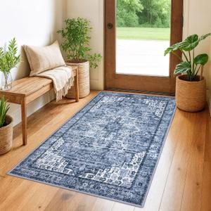 3x5 Washable Area Rug for Entryway, Blue Soft Medallion Printed Rug with Non-Slip, Low-Pile Vintage Boho Area Rugs for Living Room Bedroom Dining, Dorm Carpet with Non-Shedding