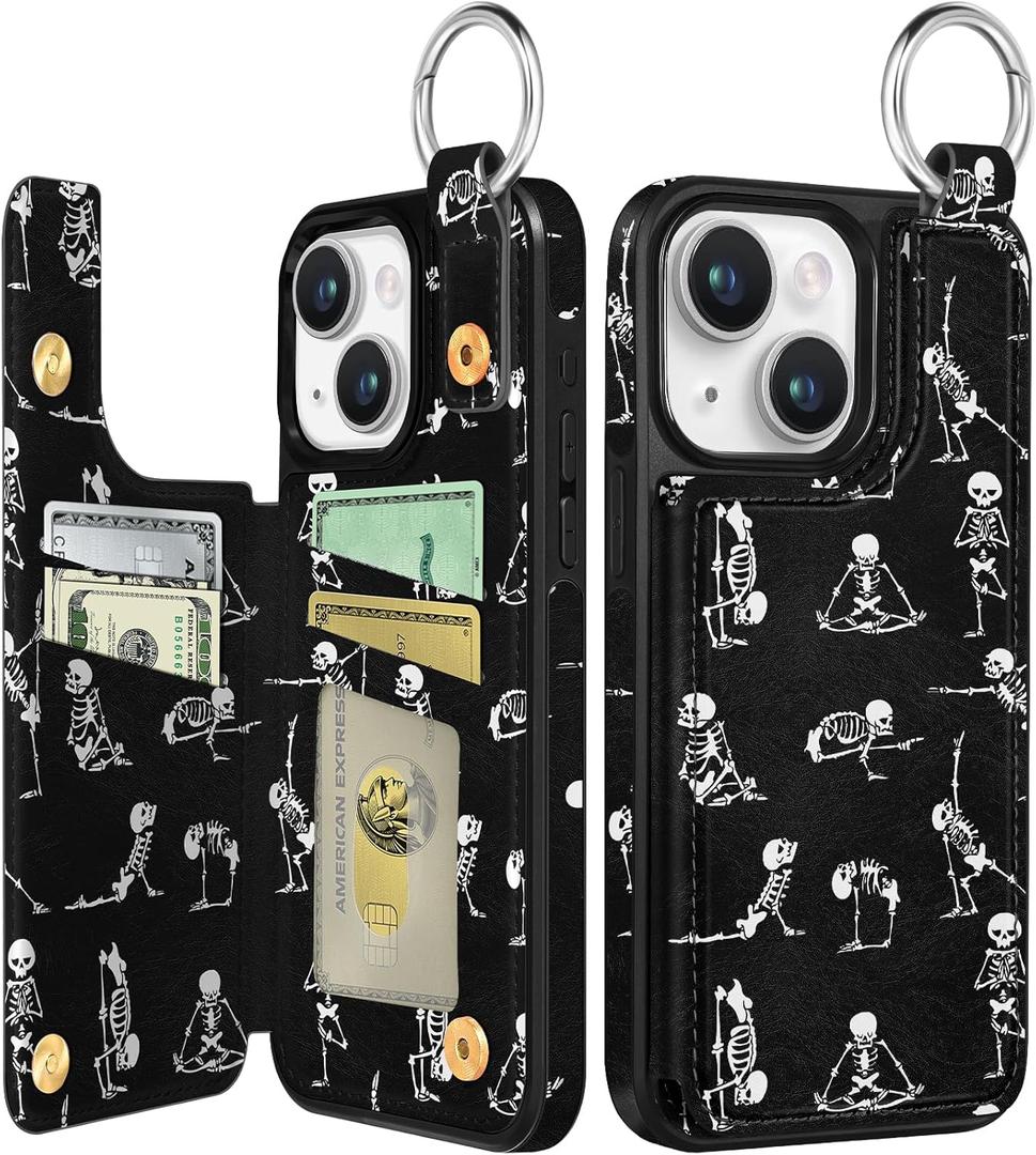 Shorogyt for iPhone 13 Wallet Case with Card Holder, Designer Skeleton Pattern Kickstand Magnetic Clasp Back Flip Folio Leather Phone Cases for iPhone 13 for Women Men Girls (16-Black Yoga Skeleton)