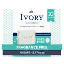 Ivory Sensitive Bar Soap, Designed for Whole Family, Fragrance Free, 99.44% Pure Formula, Plant-Based Cleanser, Made Without Heavy Perfume, Parabens, Phthalates, For All Skin Types, 3.17 oz (10 Count)