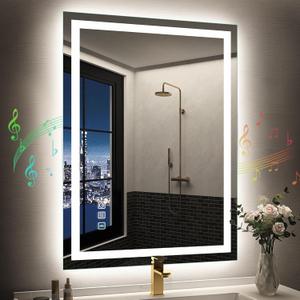 SBAGNO 24x32 LED-Bathroom-Mirror-with-Bluetooth, Dimmable-Lighted-Bathroom-Vanity-Mirror-with-3-ColorsBacklit + Front Lit, Memory Function, Anti-Fog, Tempered Glass, Horizontal/Vertical