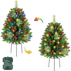 [2 Pack & Timer] 33 Inch Christmas Tree Urn Fillers with 50 Warm & Colorful Change Lights Pinecones Red Berries Tripod Stake Battery Operated 8 Mode for Porch Outdoor Xmas Trees Christmas Decorations