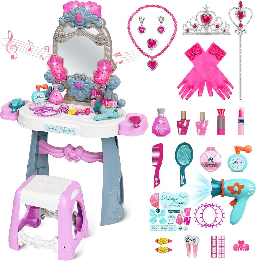 VViN Kids Vanity Set for Girls with Light & Music, Princess Vanity Table with Stool, Pretend Makeup Dresser with Crown, Scepter, Gloves & Jewelry Accessories, Toys for 3 4 5 Year Old