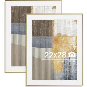 22x28 inch Metal Poster Frame - 22 x 28 Thin Aluminum Picture Frames Matted for 18x24 Photos, Artworks, Prints, Puzzle - High Definition Plexiglass - Vertical and Horizontal Display - Wall Hook Hanging Hardware Included - Gold, Set of 2 22x28 inch Metal Poster Frame - 22 x 28 Thin Aluminum Picture Frames Matted for 18x24 Photos, Artworks, Prints, Puzzle - High Definition Plexiglass - Vertical and Horizontal Display - Wall Hook Hanging Hardware Included - Gold, Set of 2
