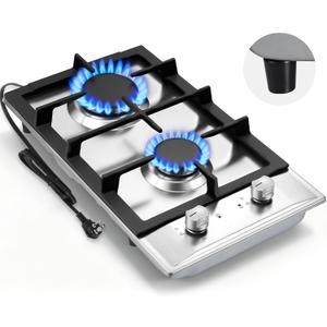 12 Inch Gas Cooktop, 2 Burner Gas Stove, 304 Stainless Steel