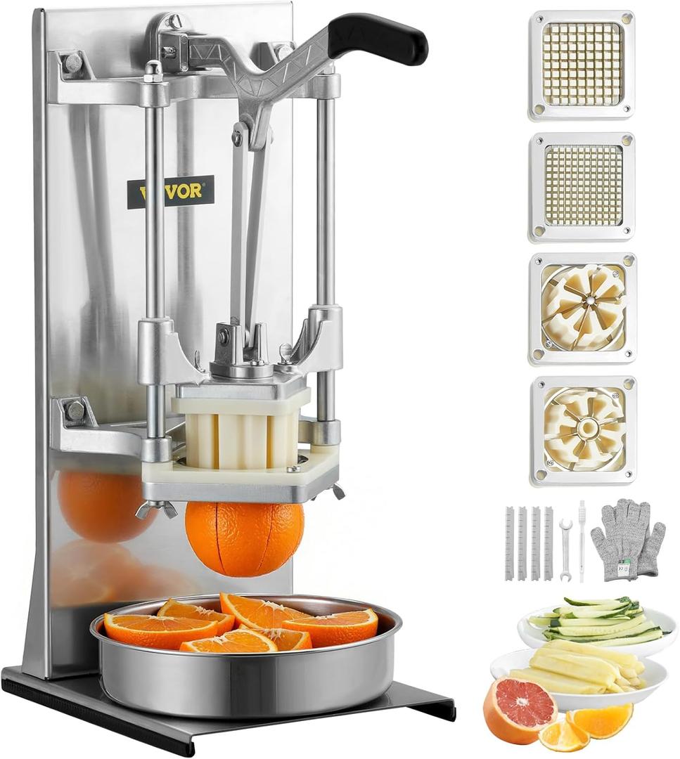 VEVOR Commercial French Fry Cutter with 4 Replacement Blades, 1/4 and 3/8 Blade Easy Dicer Chopper, 6-wedge Slicer and 6-wedge Apple Corer, Lemon Potato Cutter for French Fries with Extended Handle