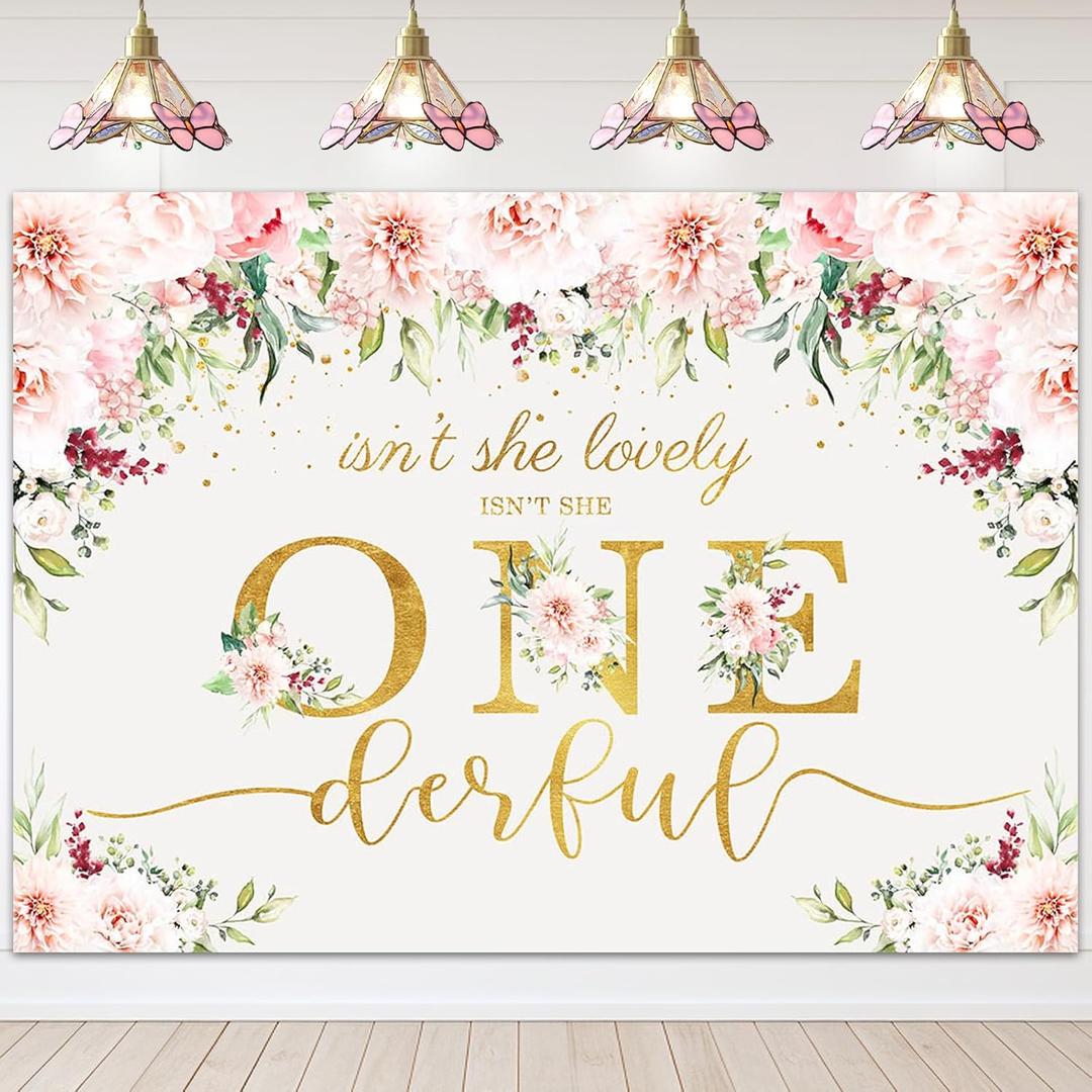 Avezano Isn't She Lovely Isn't She Onederful Backdrop Pink Flowers Gold Dots First Birthday Background Sweet Baby Girl Floral 1st Birthday Party Decorations Photobooth Props 7x5ft, 83x59 inch