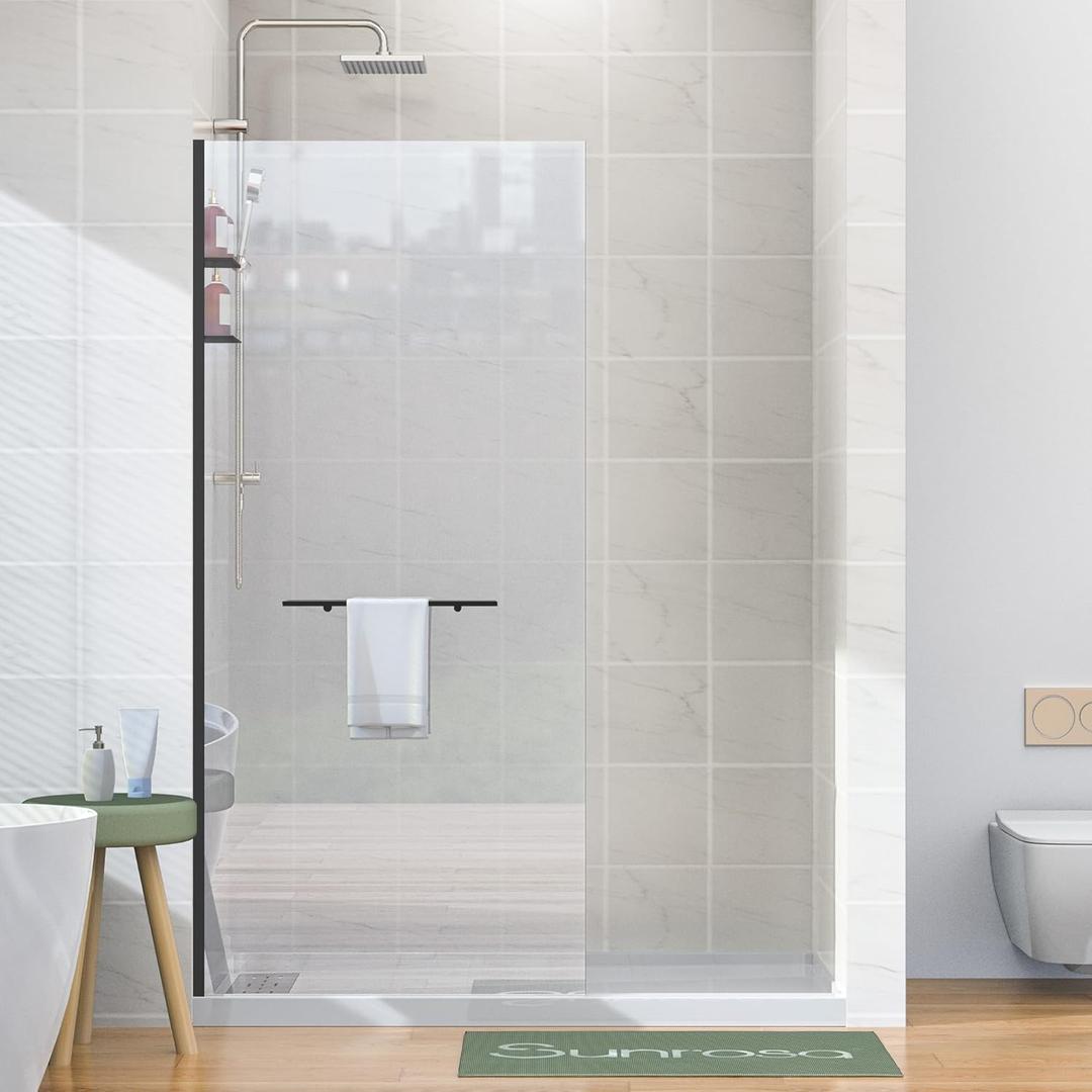 Sunrosa Frameless Glass Shower Panel 34"74", Fixed Shower Glass Panel with Shelves in Matte Black, 3/8" Tempered Glass Shower Screen for Walk in Shower