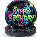 60PCS Neon Birthday Party Plates Glow Happy Birthday Party Supplies 7Inch Neon Dessert Plates Tableware Supplies Disposable Glow in the Dark Colorful Graffiti Dinnerware for K-Pop Parties Favors