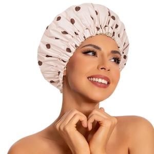 Reusable Shower Caps for Women Waterproof, Large Luxury Washable Elastic Band Bath Hair Bonnet, Double Layer Stylish Shower Hat for Long Hair, Braids, Curly(Blush Dots)