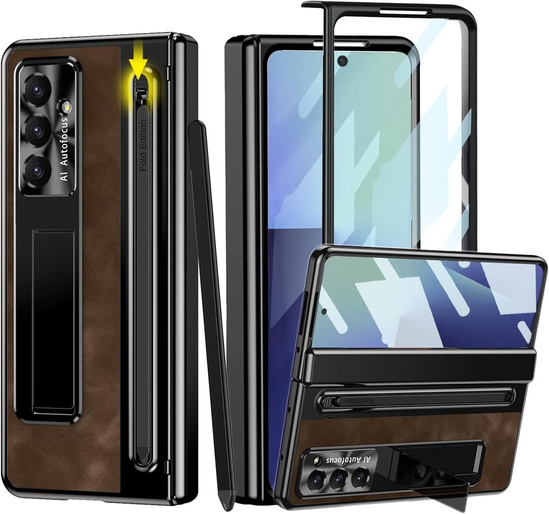 for Samsung Galaxy Z Fold 7 Case with S Pen Holder & Stylus Pen, Full Coverage Retro Leather Phone Case with Kickstand HD Screen Protector Anti-Scratch Protective Cover for Z Fold 7 Coffee